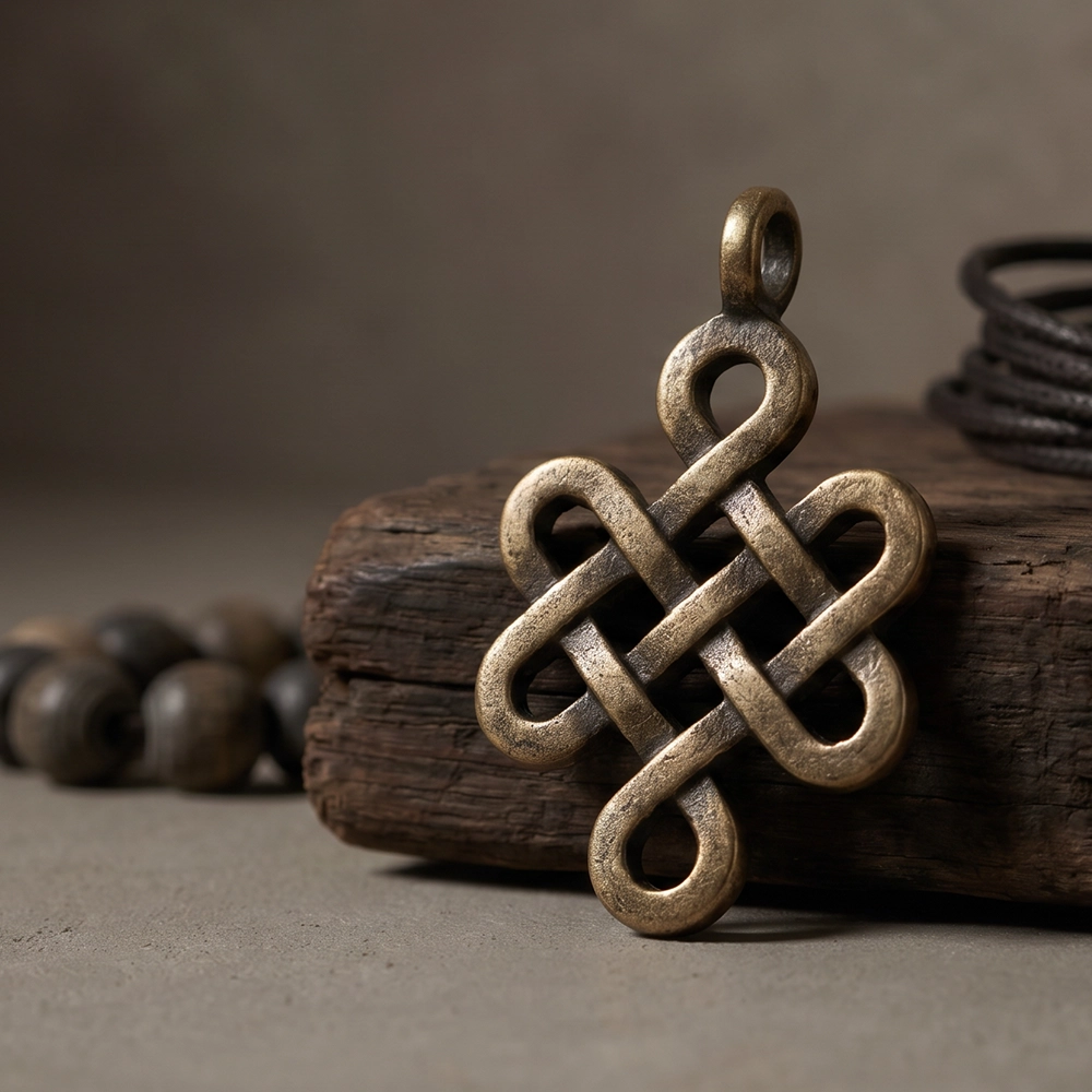 {"default":"Square mobile banner showing an Endless Knot inspired bronze pendant on weathered wood with muted beads and soft shadow."}
