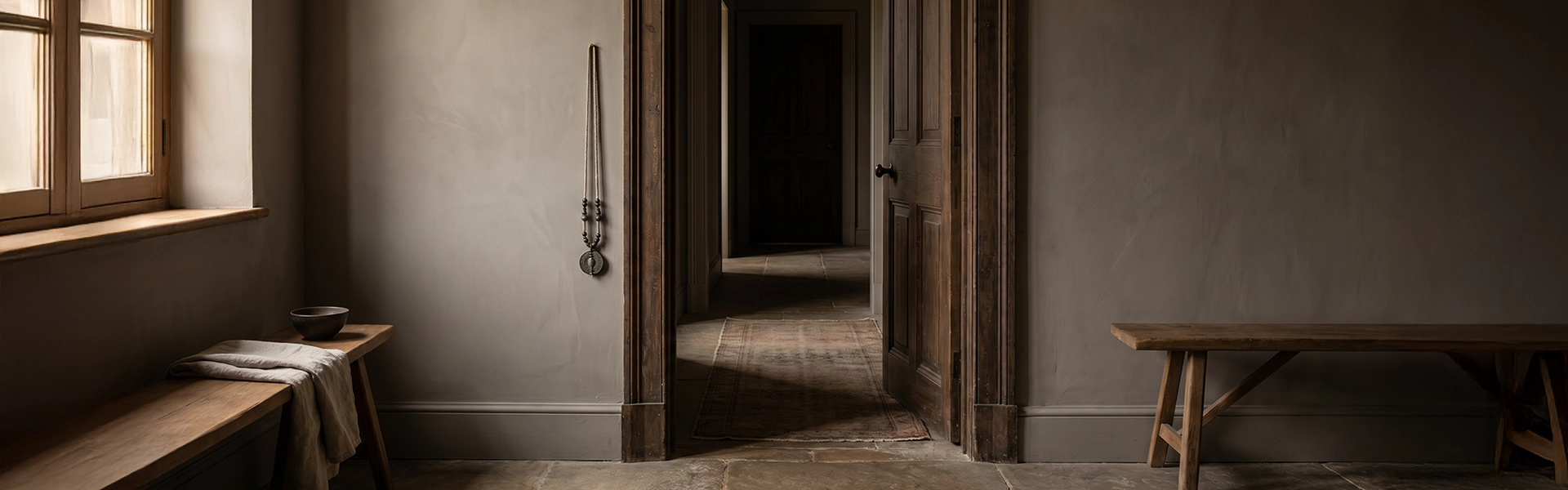 Entryway and threshold scene with a Tibetan-inspired hanging charm, aged wooden doorway, linen bench, stone floor, and quiet symbolic boundary atmosphere.