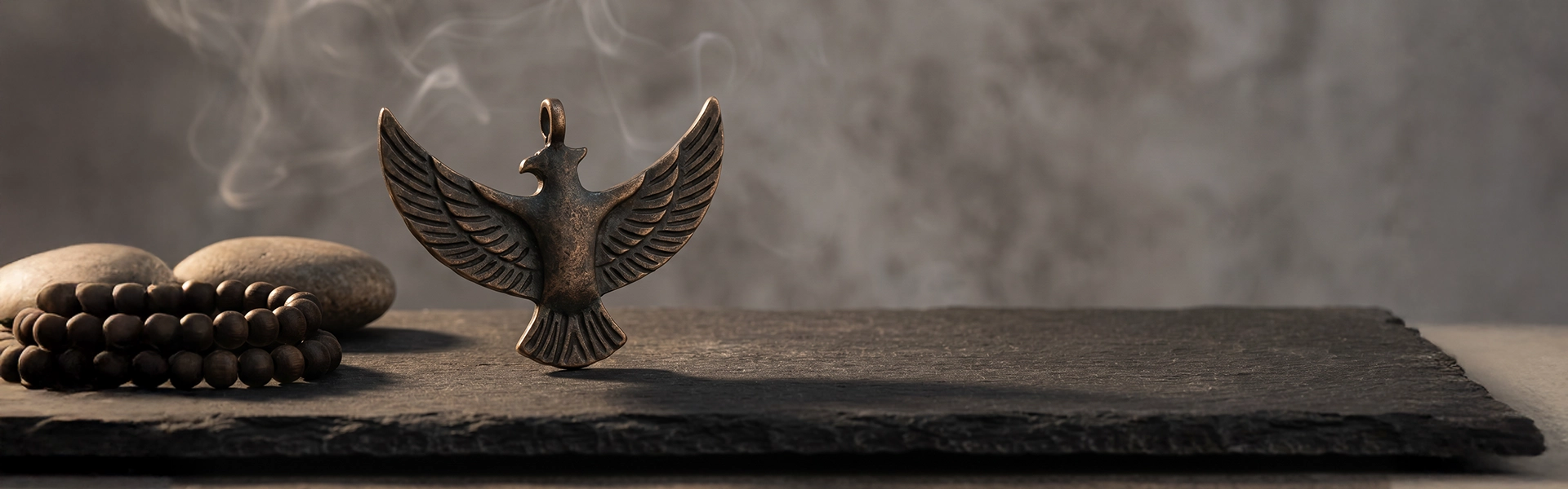 Garuda inspired aged bronze guardian pendant arranged on black slate with muted beads, soft smoke, and quiet wabi-sabi atmosphere.