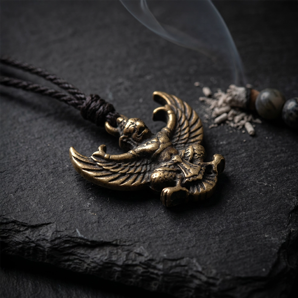 {"default":"Square mobile banner showing a Garuda inspired bronze pendant with carved wing detail, dark cord, incense ash, and black slate ritual styling."}
