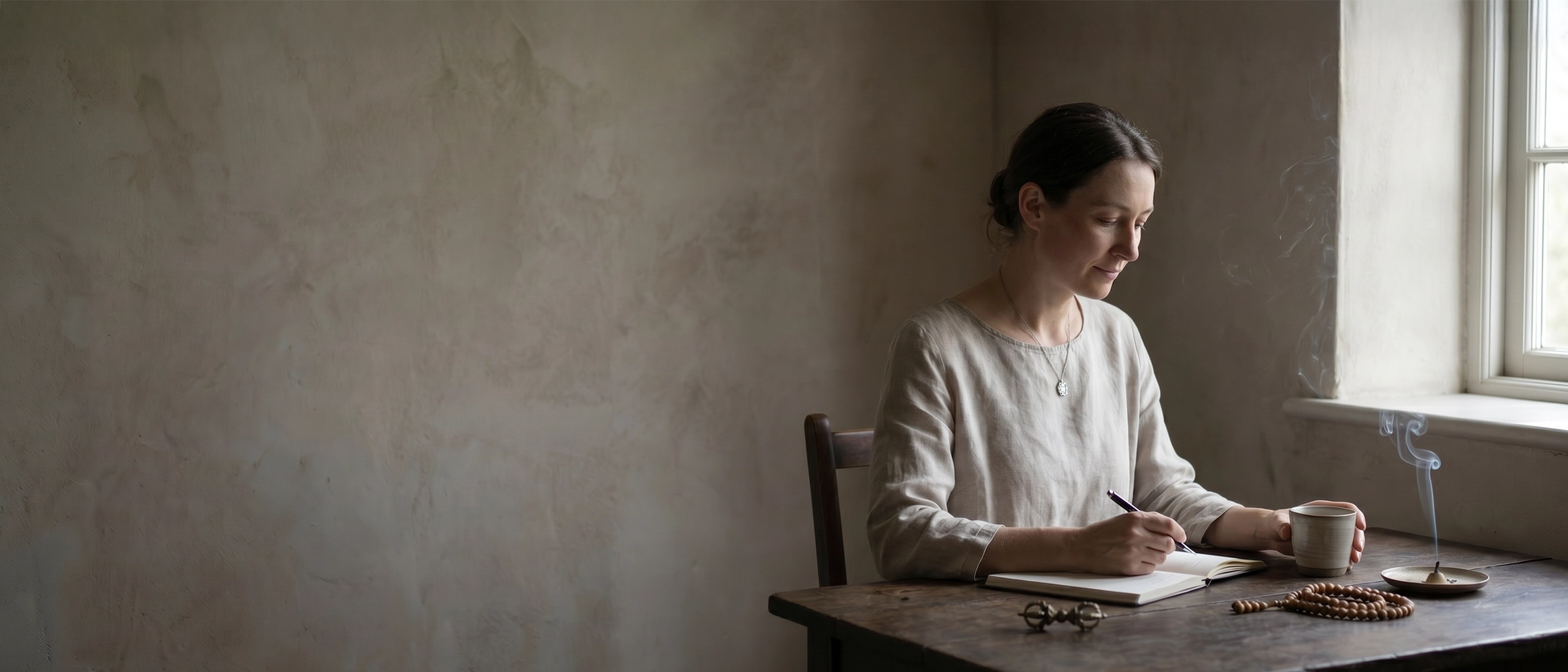A woman wearing a subtle pendant sits beside mala beads, incense, a Vajra object, an open notebook, and a ceramic cup in a quiet wabi-sabi room