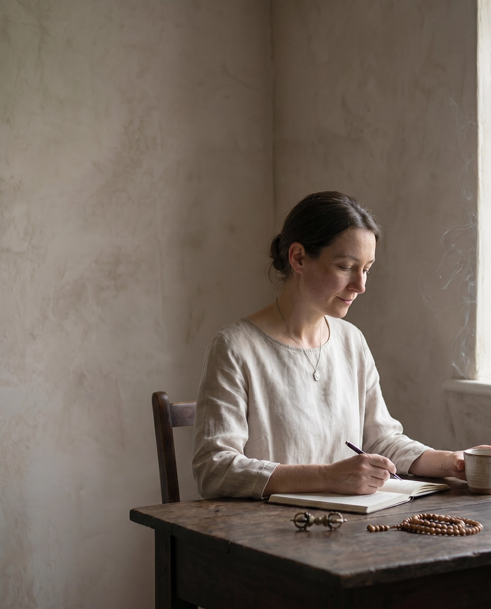 A woman wearing a subtle pendant writes in a notebook beside mala beads, incense, a small Vajra object, and a ceramic cup in a quiet wabi-sabi room