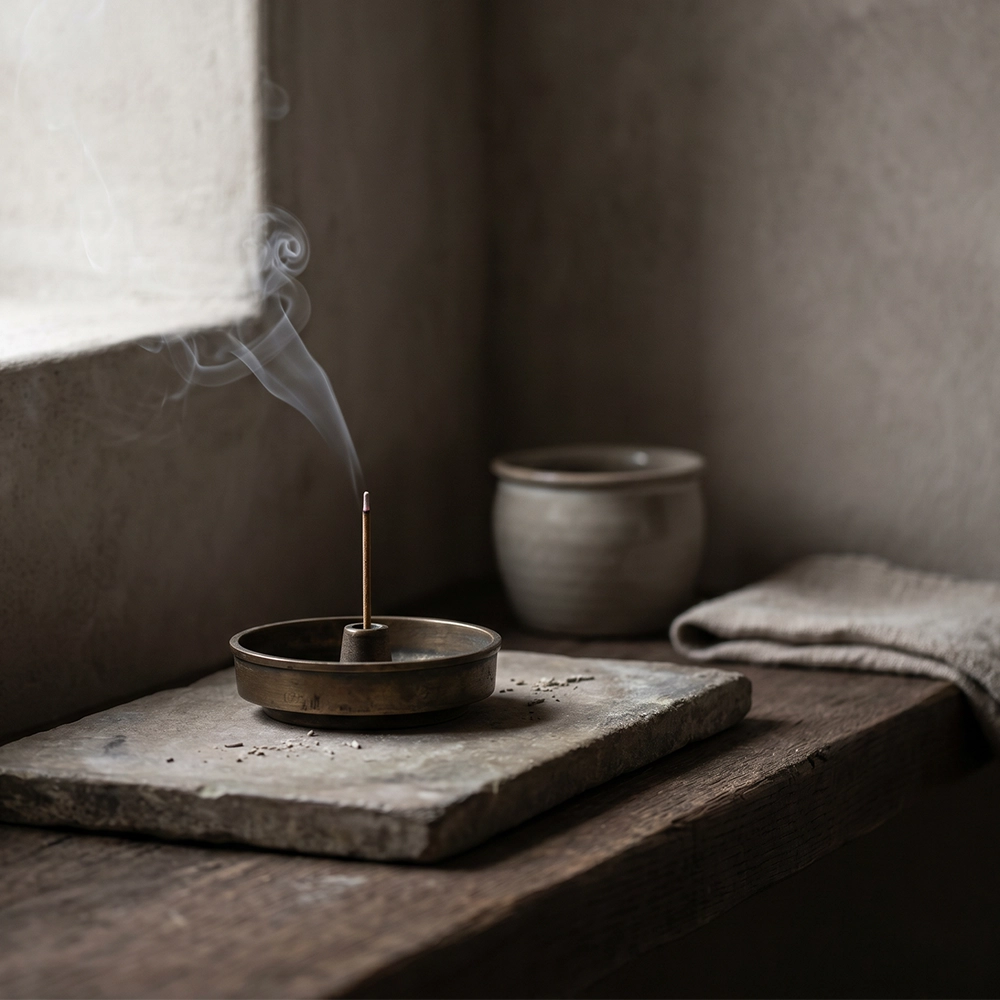 {"default":"Square mobile banner showing a bronze incense stick holder on raw stone with ash, dark wood, soft smoke, and quiet wabi-sabi light."}
