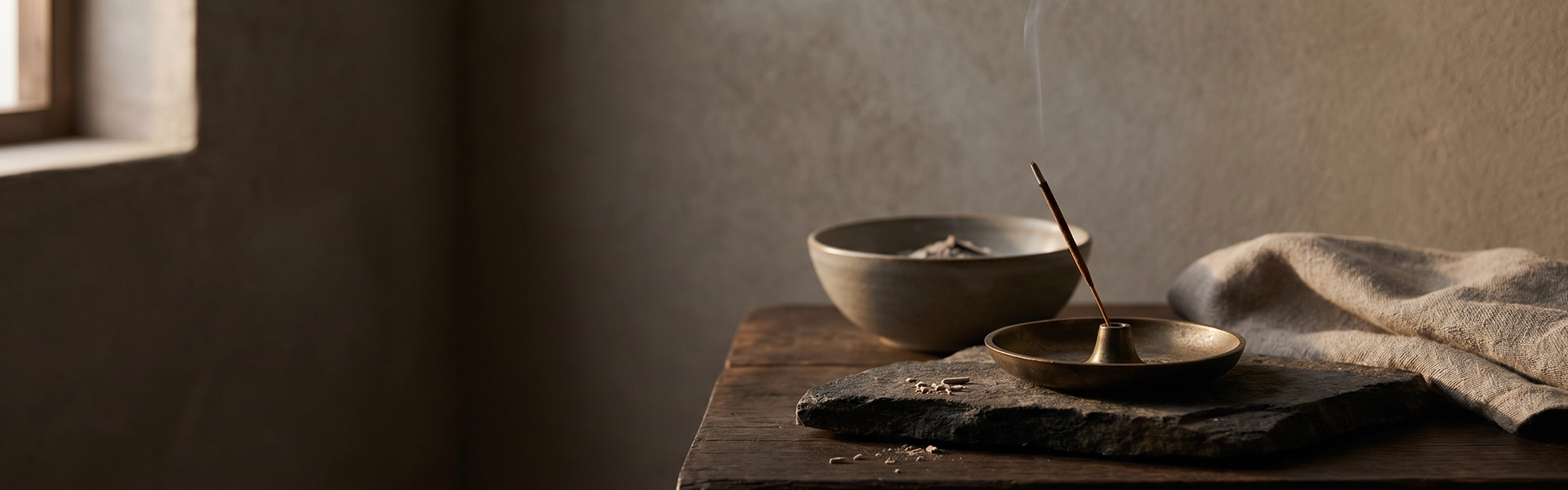 Bronze incense holder with a burning incense stick on raw stone and dark wood in a quiet Western wabi-sabi ritual setting with linen and soft smoke.
