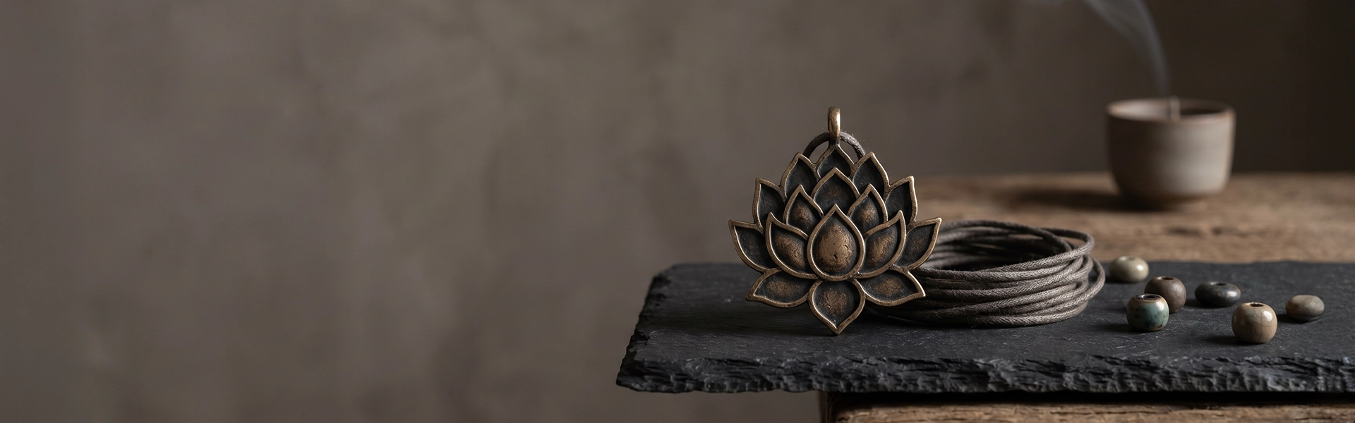 Lotus inspired aged bronze pendant arranged on black slate with dark cord, muted beads, soft smoke, and quiet wabi-sabi atmosphere.