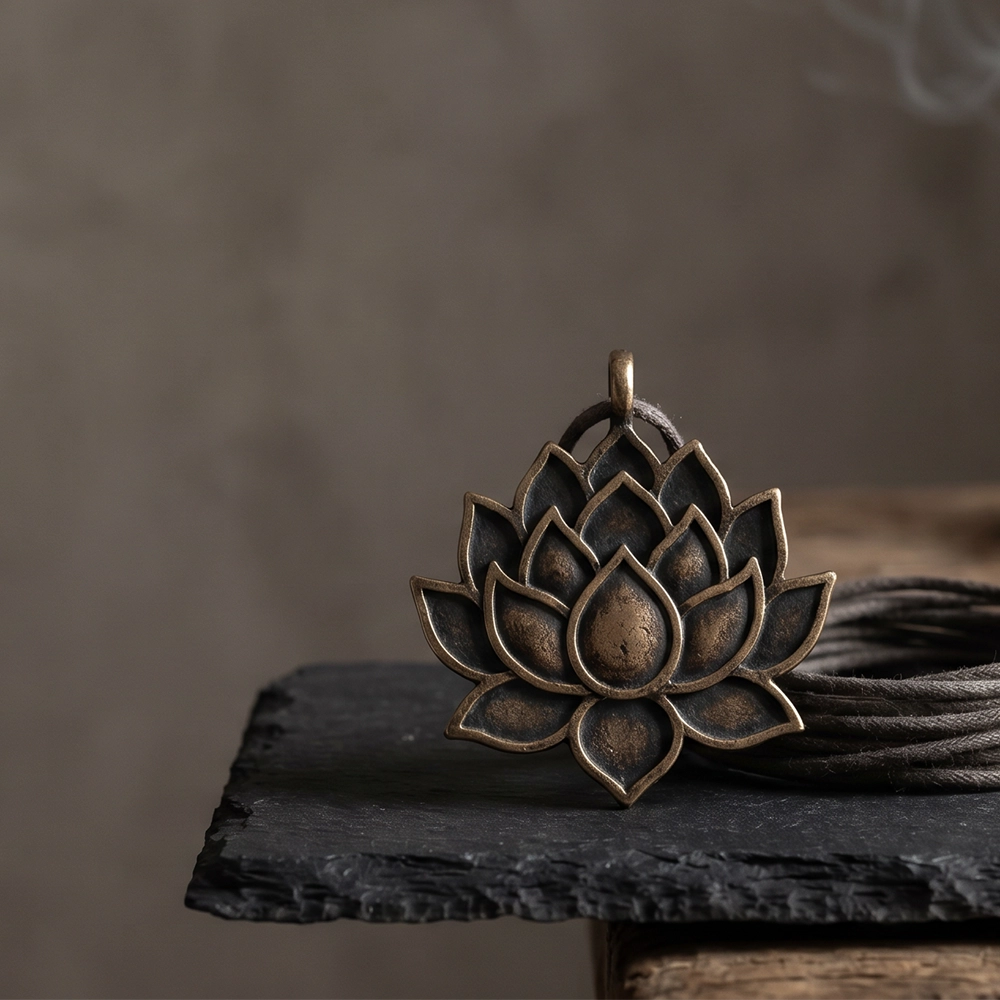 {"default":"Square mobile banner showing a Lotus inspired bronze pendant on black slate with dark cord, muted beads, and soft ritual smoke."}
