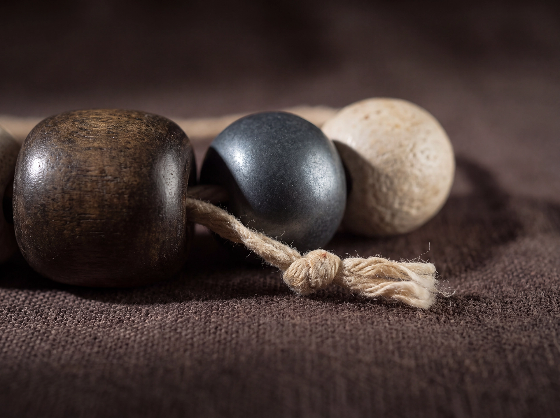 Three bead surfaces — a dark wooden bead, a dark matte bead, and a pale textured seed bead — arranged on dark linen beside a knotted twine cord.
