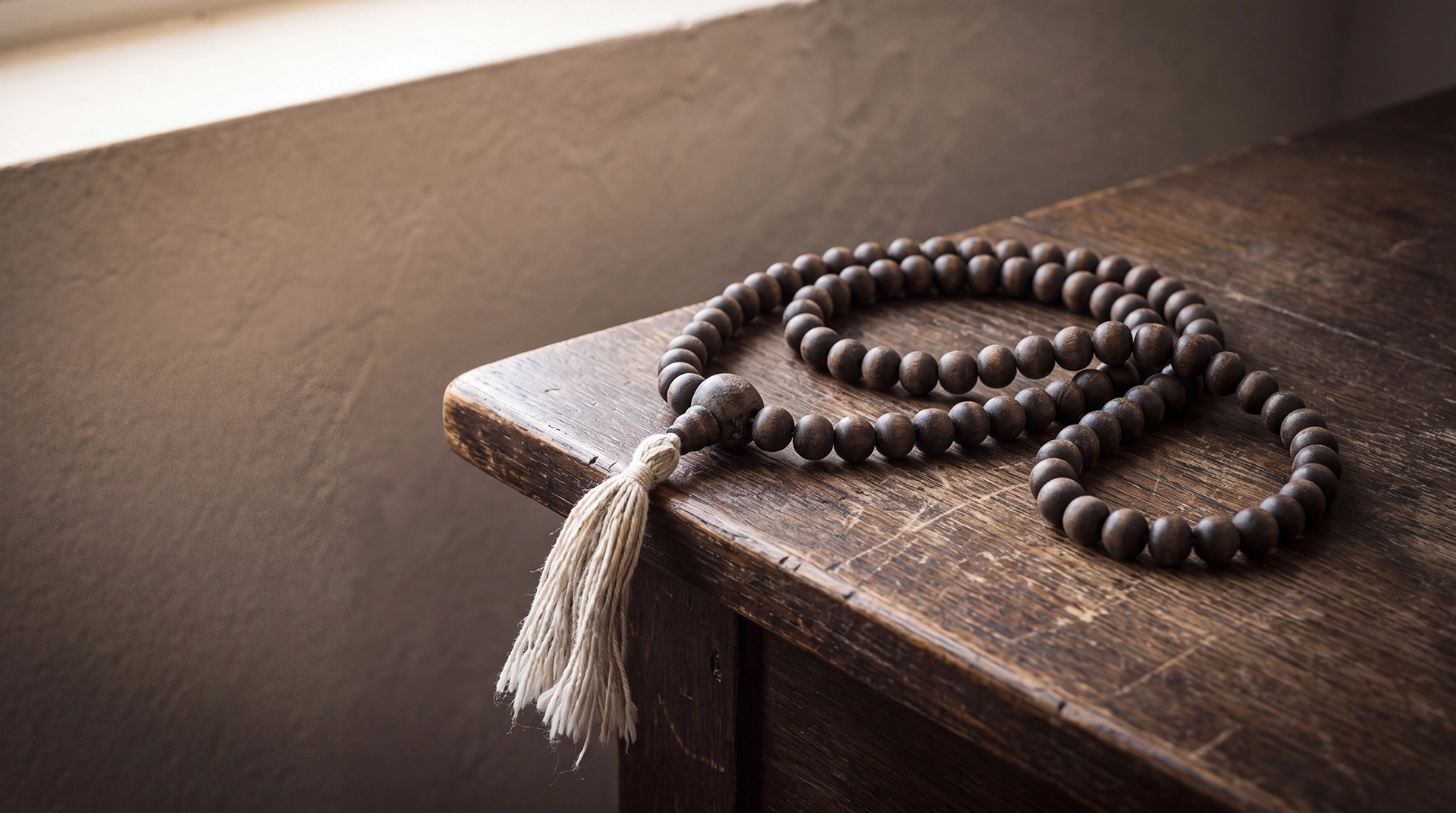 A dark wooden mala bead strand with a larger guru bead and ivory tassel resting on the corner of an aged wood table against a warm-gray plaster wall.
