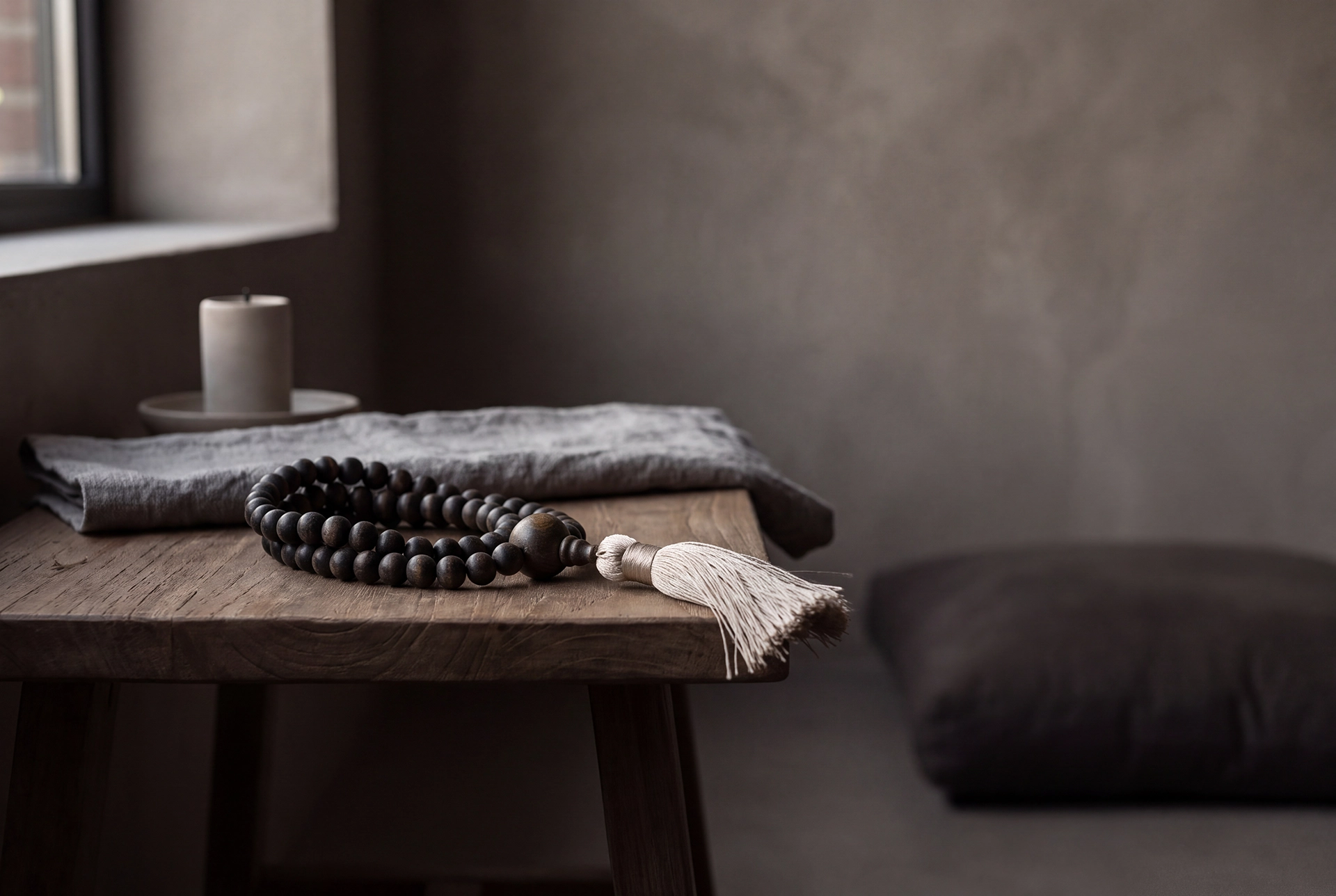 A dark wooden mala strand with a muted tassel resting on a low wooden table beside folded gray linen and an unlit candle in a quiet, dimly lit room.