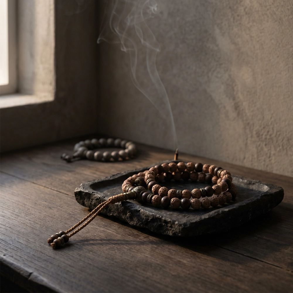 {"default":"Square mobile banner showing bodhi seed mala prayer beads on a raw stone tray with dark wood, soft smoke, and quiet wabi-sabi light."}
