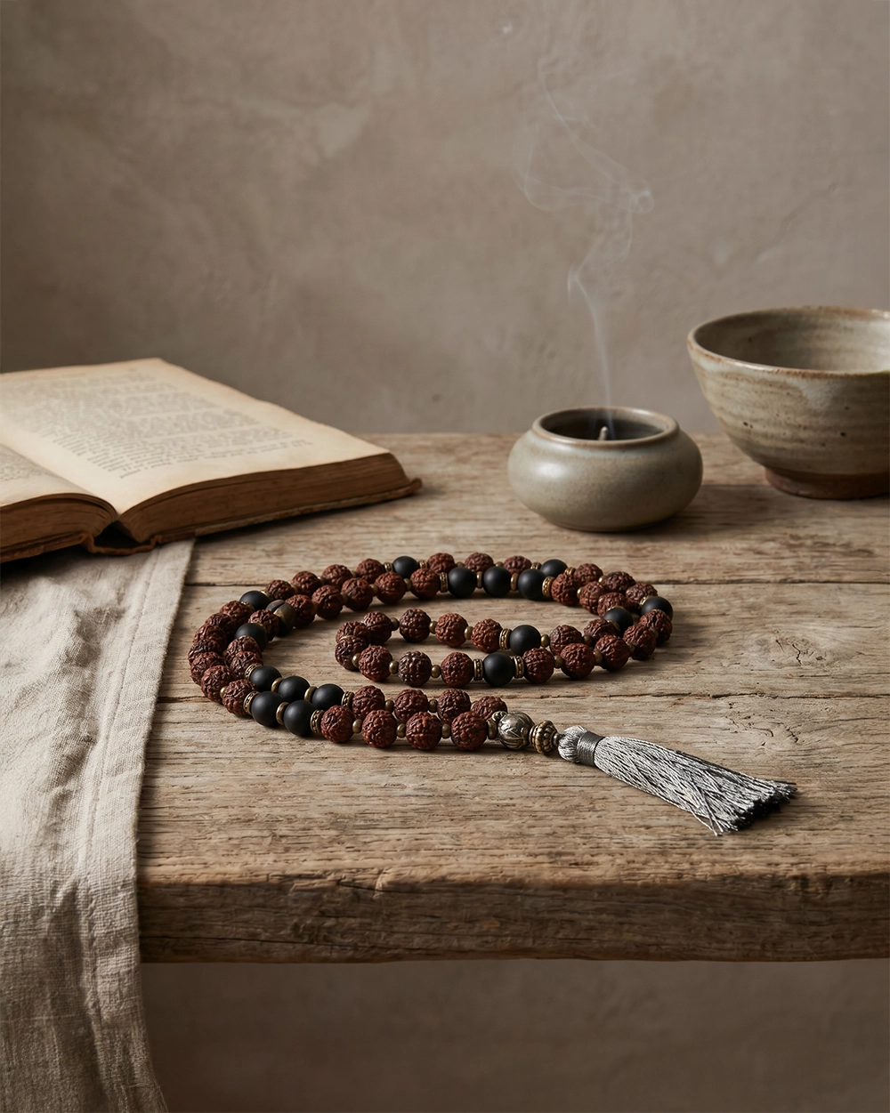 Mala prayer beads with a tassel on weathered wood beside an open book, incense, ceramic bowl, and linen cloth