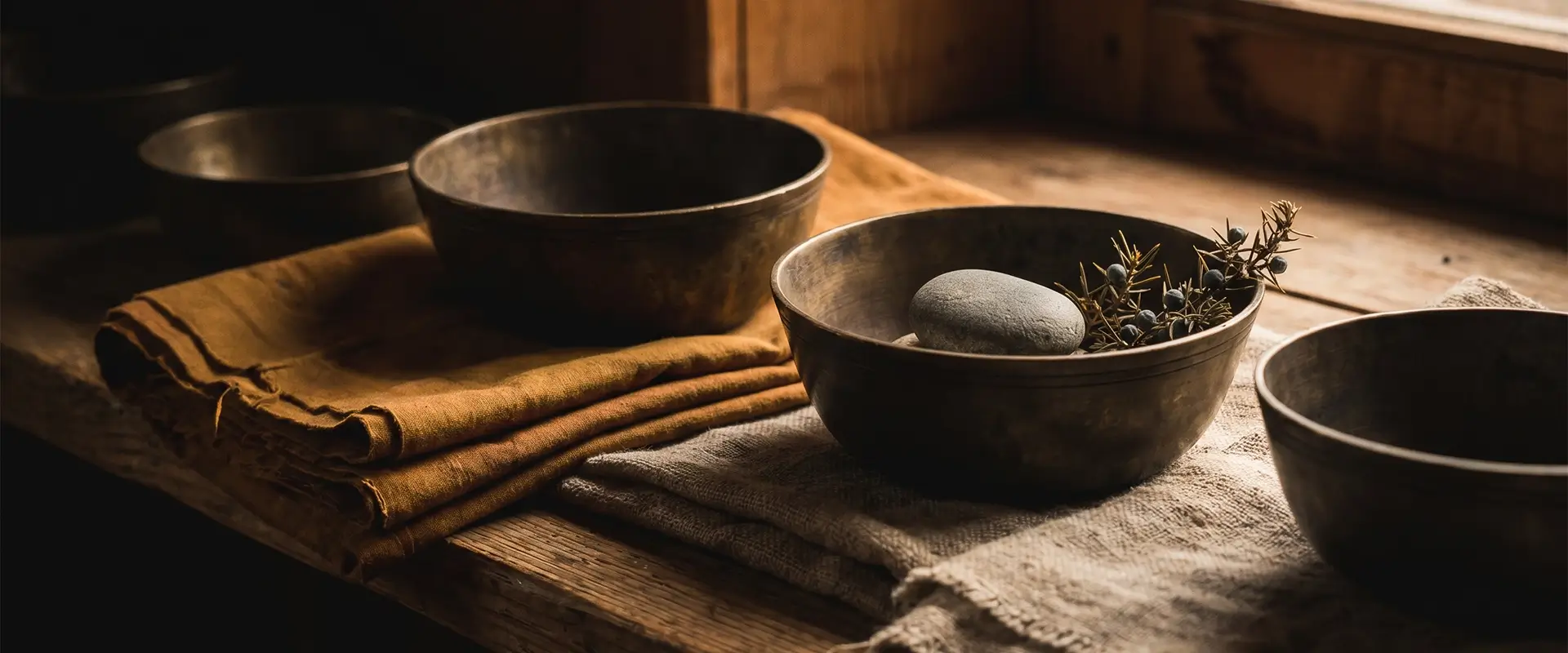 A wide view of aged bronze offering bowls resting on textured linen cloths and a rustic wooden ledge, serving as essential meditation room decor by a sunlit window.