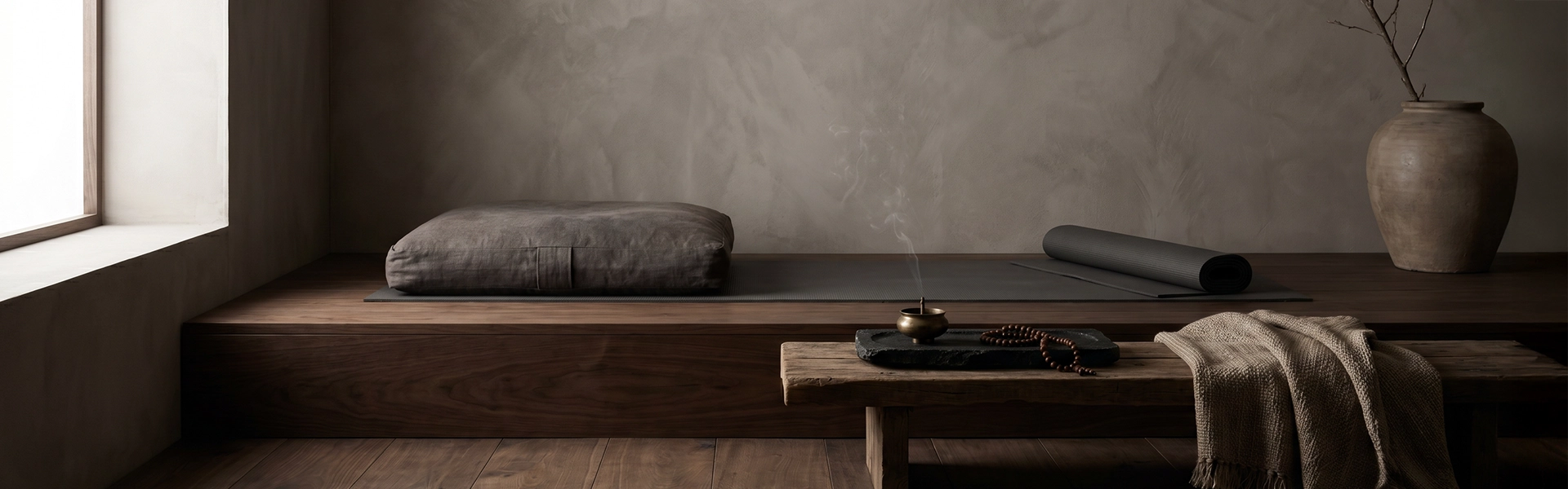 Meditation and yoga studio scene with a floor cushion, rolled yoga mat, incense holder, mala beads, linen cloth, ceramic vessel, and quiet wabi-sabi practice atmosphere.