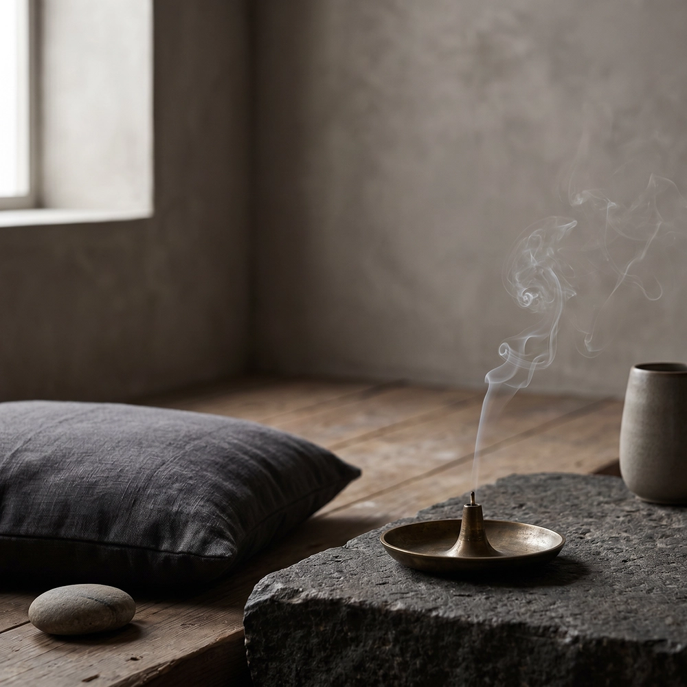 {"default":"Square mobile banner showing a quiet meditation corner with an incense holder on raw stone, floor cushion, ceramic vessel, soft smoke, and warm plaster wall."}
