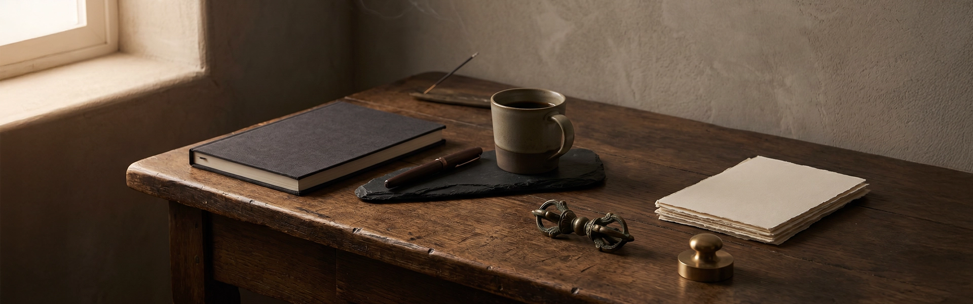 Mindful workspace scene with a Vajra-inspired desk object, notebook, pen, ceramic cup, paper stack, and quiet wabi-sabi study atmosphere.