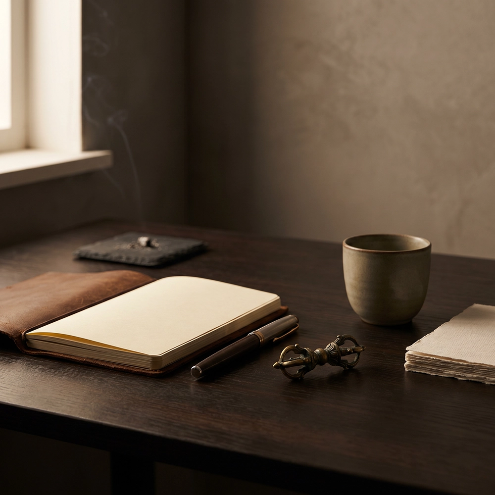 {"default":"Square mobile banner showing a Vajra-inspired desk object with notebook, pen, ceramic cup, linen paper, and quiet workspace styling."}
