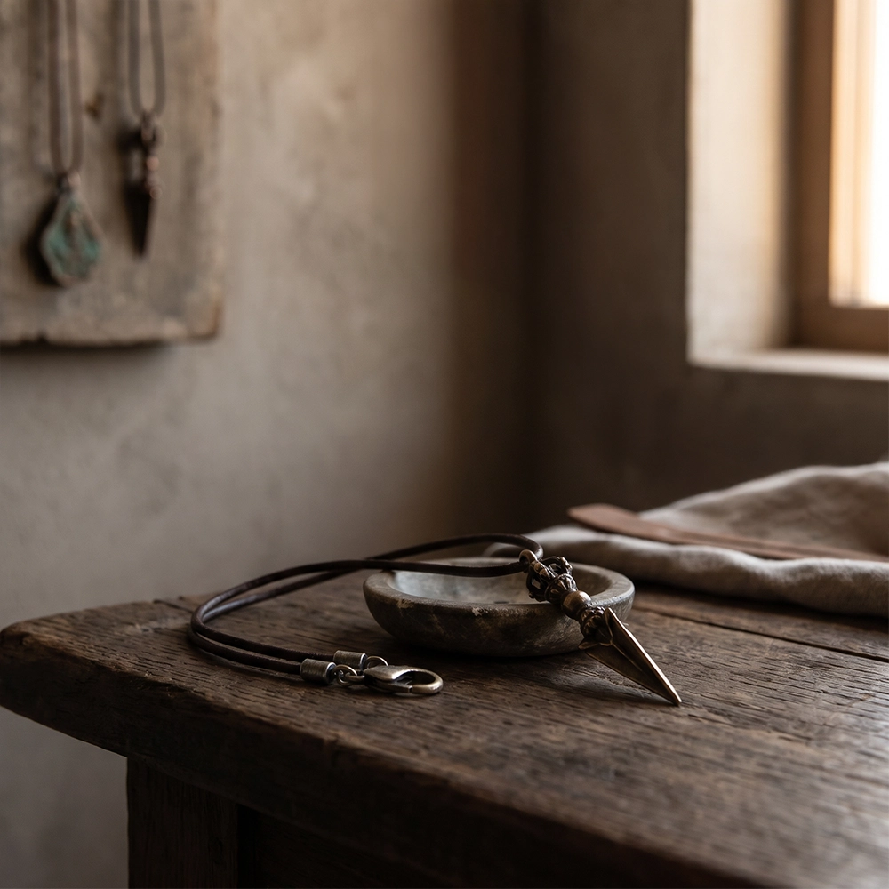 {"default":"Square mobile banner showing a Phurba pendant necklace on dark wood in a quiet Western wabi-sabi setting with aged metal, soft window light, and restrained ritual atmosphere."}
