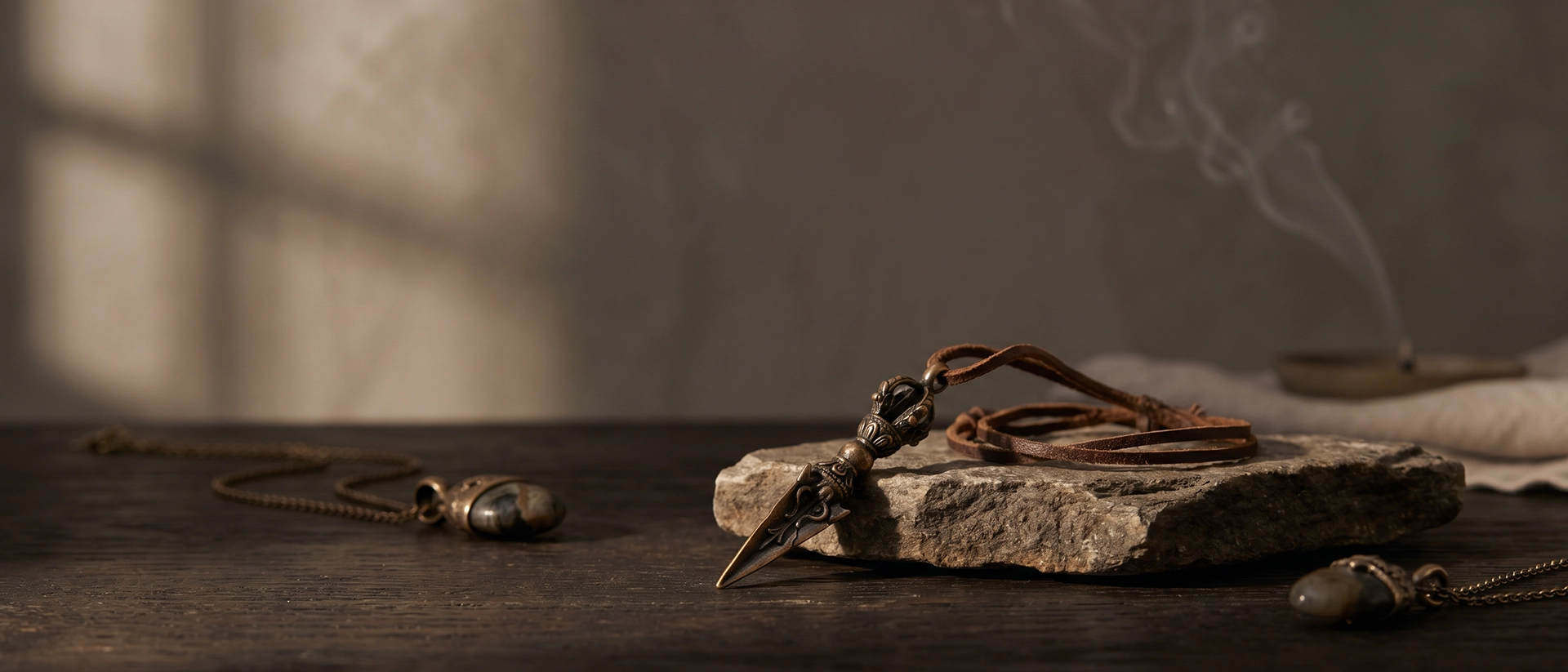 hurba pendant necklace arranged on raw stone and dark wood in a quiet Western wabi-sabi ritual setting with aged metal, soft smoke, and warm shadow.