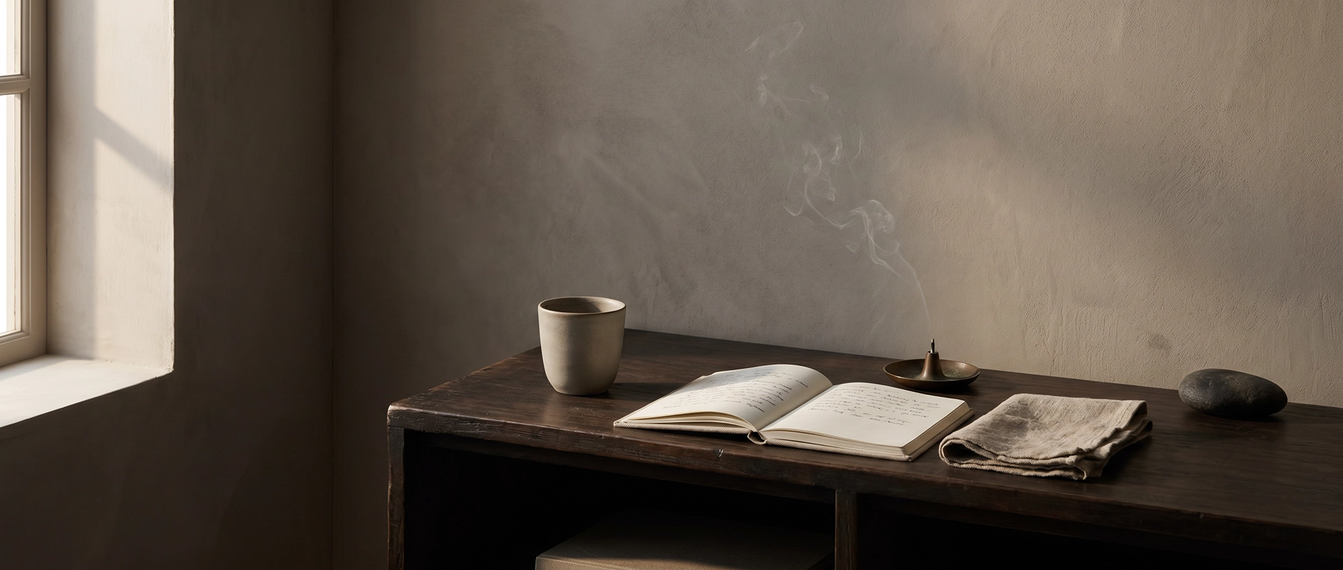 An open notebook, ceramic cup, folded linen, incense smoke, and stone on a dark wooden table in a quiet room with warm window light