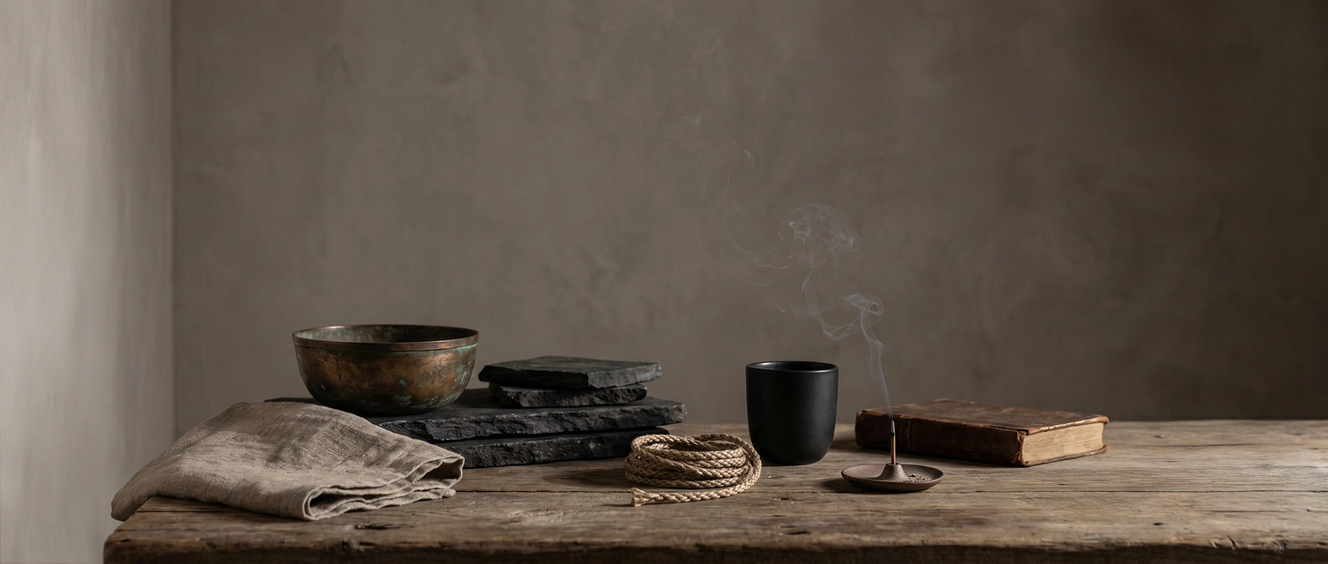 A material study of aged metal, raw stone, braided cord, linen, ceramic, incense smoke, and an old book on a weathered wooden table