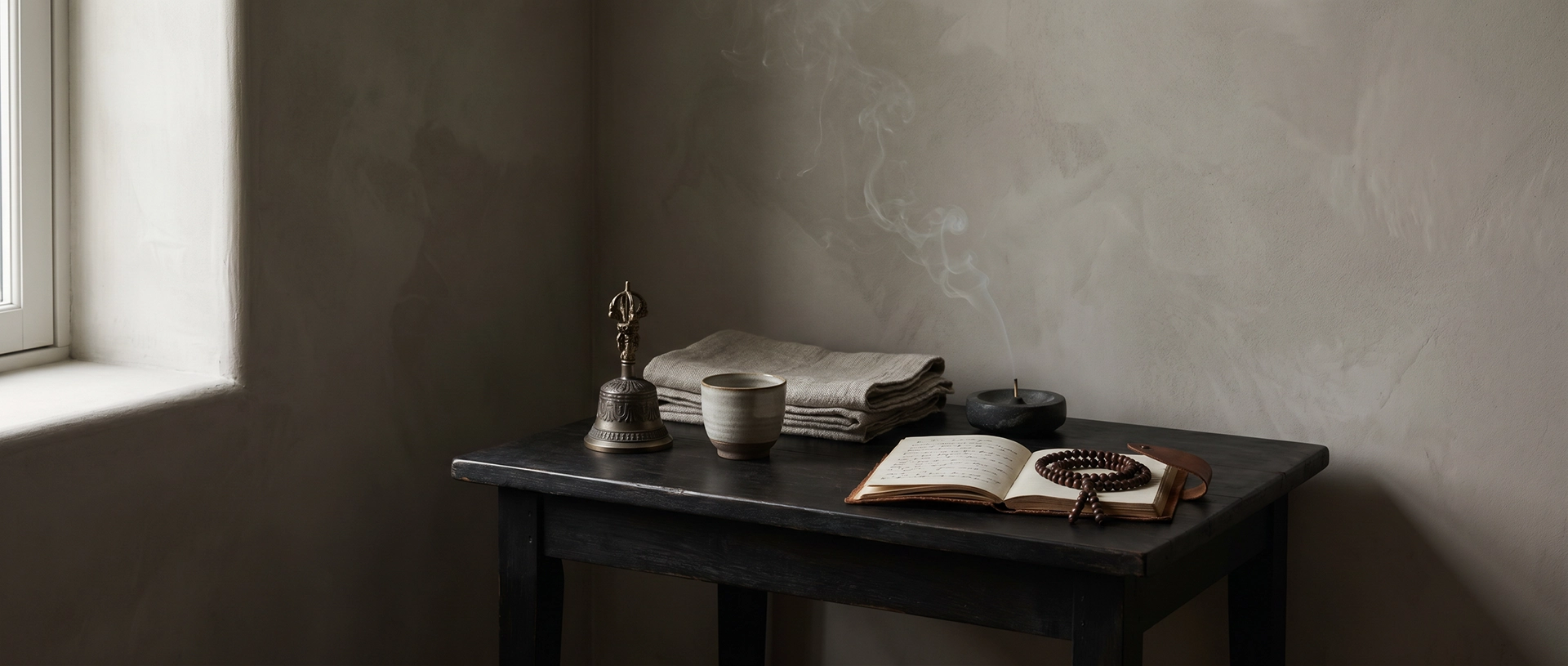 A dark wooden table with mala beads, an open notebook, incense smoke, ceramic cup, folded linen, and a small ritual object in a refined wabi-sabi room