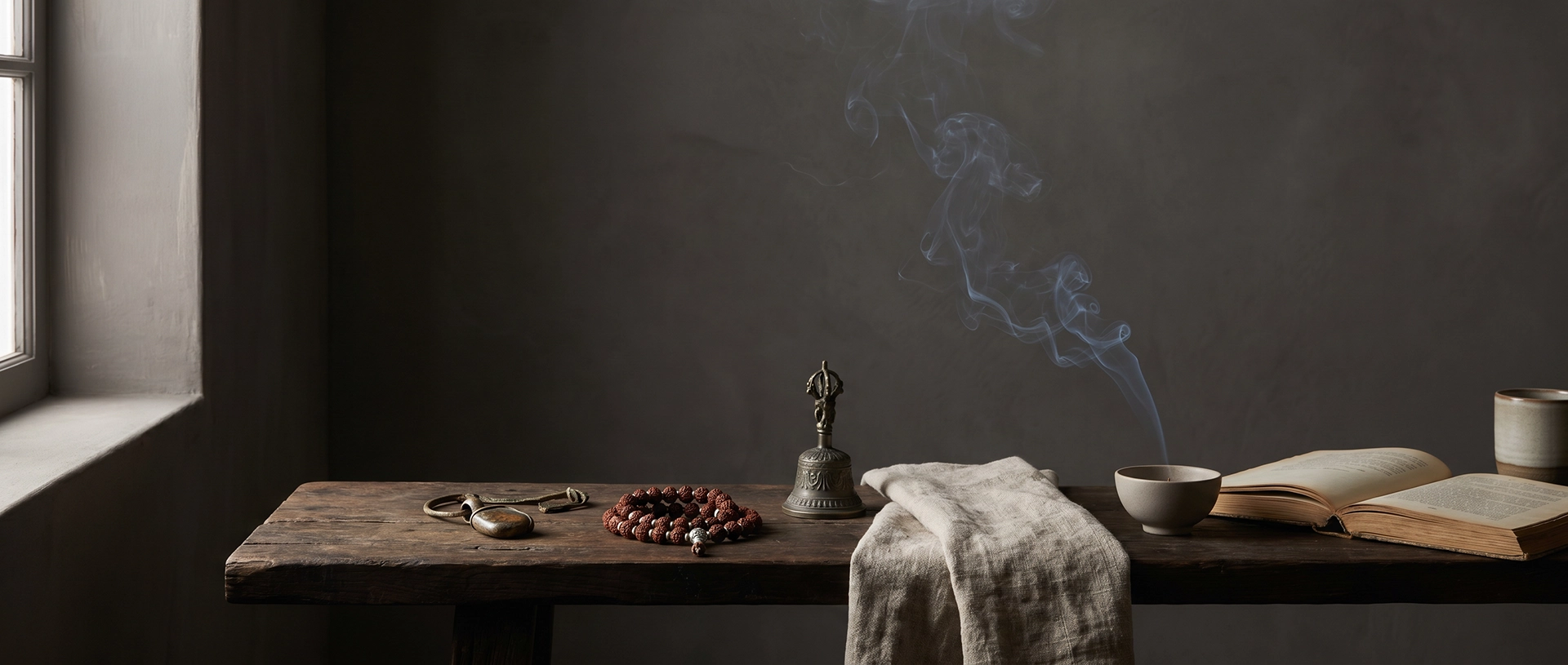 Mala beads, a small ritual object, incense smoke, linen, an open book, and symbolic objects arranged on a dark wooden table in a quiet ritual space