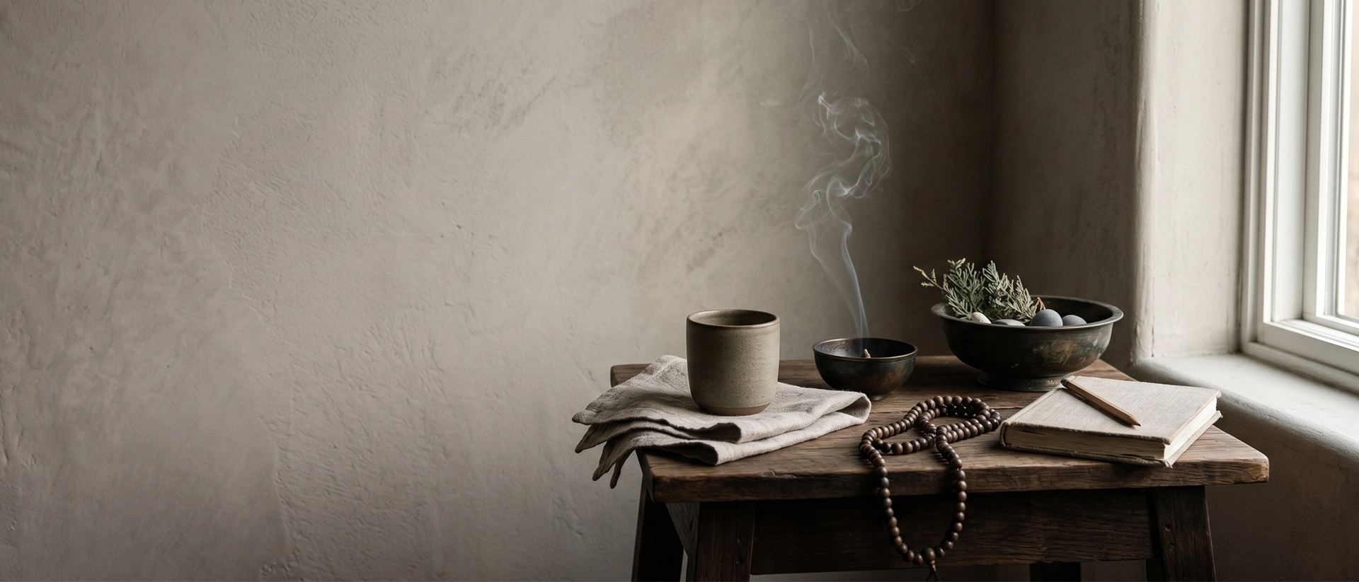 A quiet table near a window with mala beads, ceramic cup, incense smoke, notebook, linen, and a dark bowl in a calm wabi-sabi interior