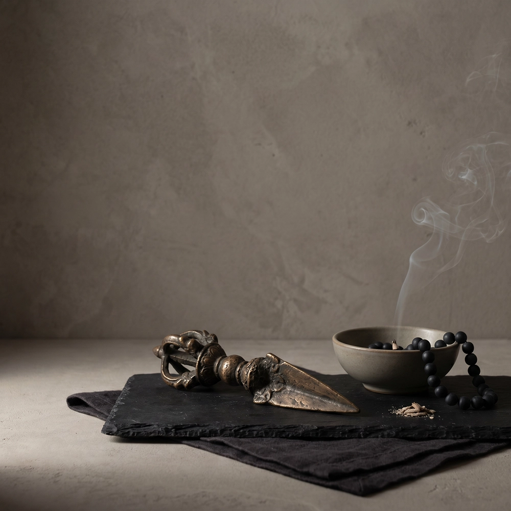 {"default":"Square mobile banner showing a Phurba-inspired altar object on black slate with muted beads, incense ash, ceramic bowl, soft smoke, and restrained ritual styling."}
