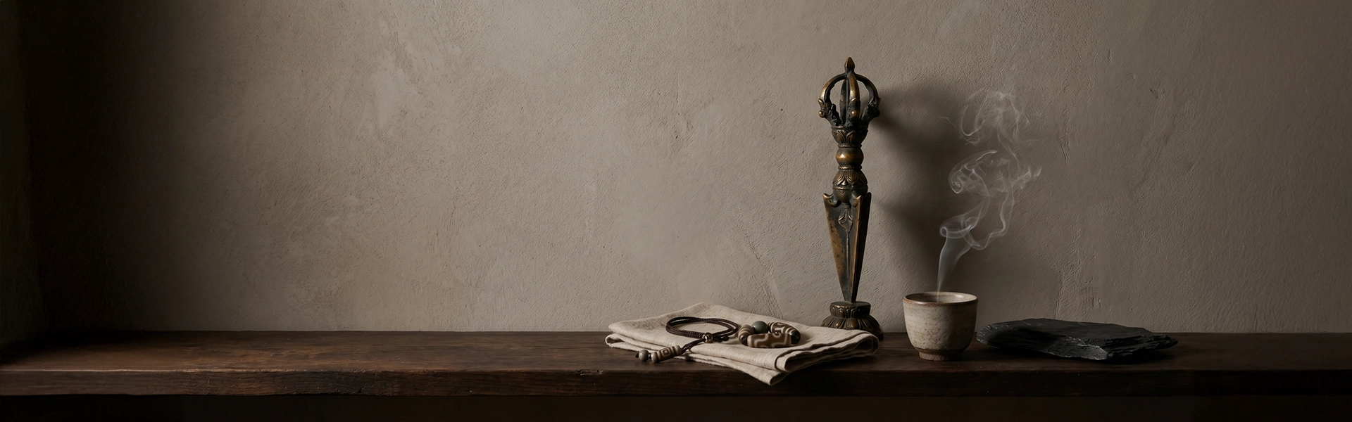 Personal altar arrangement with a Phurba-inspired aged bronze altar object, Dzi beads, incense smoke, folded linen, ceramic cup, and quiet wabi-sabi ritual atmosphere.