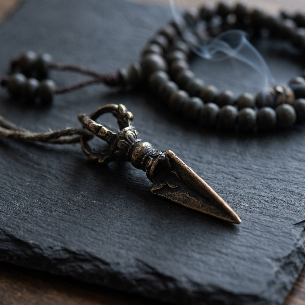 {"default":"Square mobile banner showing a Phurba Kila inspired pendant with dark cord, mala beads, aged bronze detail, and soft ritual smoke."}
