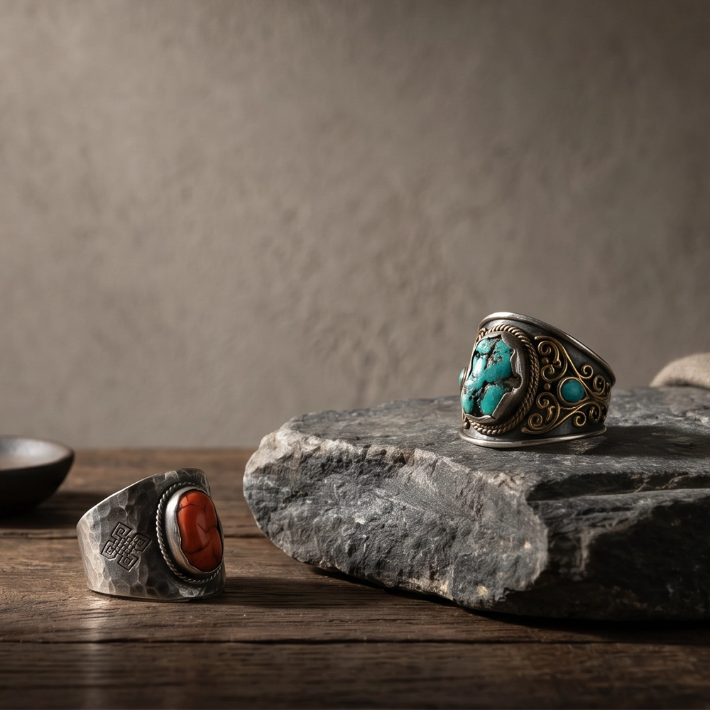 {"default":"Square mobile banner showing handcrafted Tibetan-inspired rings with turquoise and red stone accents on raw stone and dark wood in soft wabi-sabi light."}
