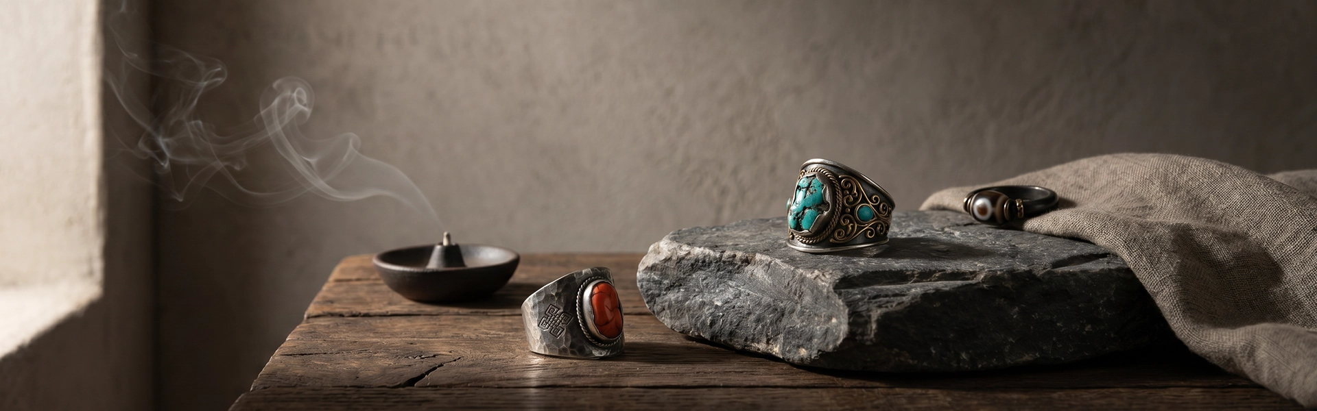 Handcrafted Tibetan-inspired rings with turquoise and red stone accents arranged on raw stone and dark wood in a quiet Western wabi-sabi ritual setting.