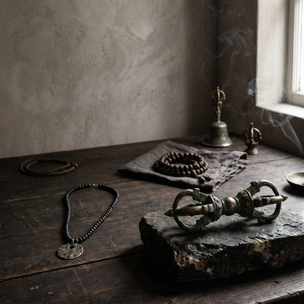 {"default":"Square mobile banner showing Kailash to Shambhala ritual jewelry, mala beads, altar objects, and an aged bronze Vajra Dorje on raw stone in a dark wabi-sabi ritual interior."}
