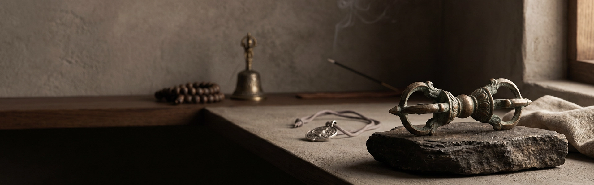 Curated Kailash to Shambhala ritual objects, jewelry, and altar adornments arranged in a quiet Western wabi-sabi setting with an aged bronze Vajra Dorje, raw stone, dark wood, incense smoke, and soft window light.
