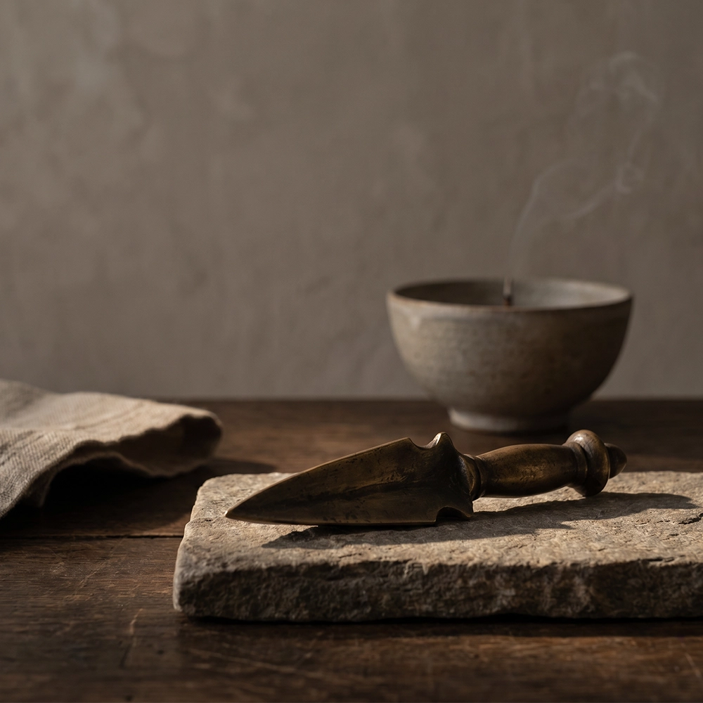 {"default":"Square mobile banner showing a Tibetan-inspired Phurba symbolic decor object on raw stone with dark wood, linen, ceramic bowl, and soft smoke."}
