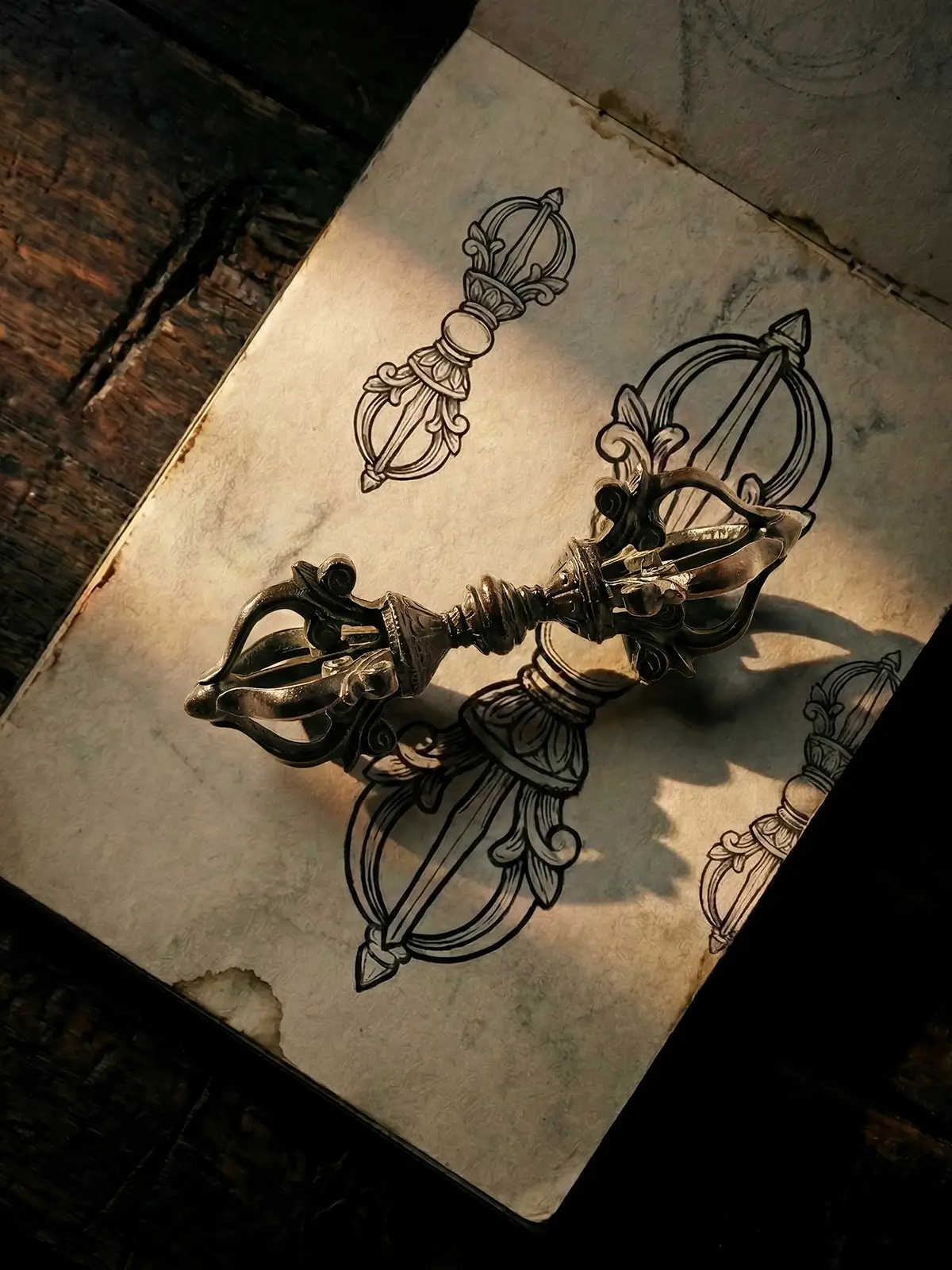 Tibetan copper vajra Indra thunderbolt symbol resting on an aged sketchbook with hand drawn ink sketches of vajras