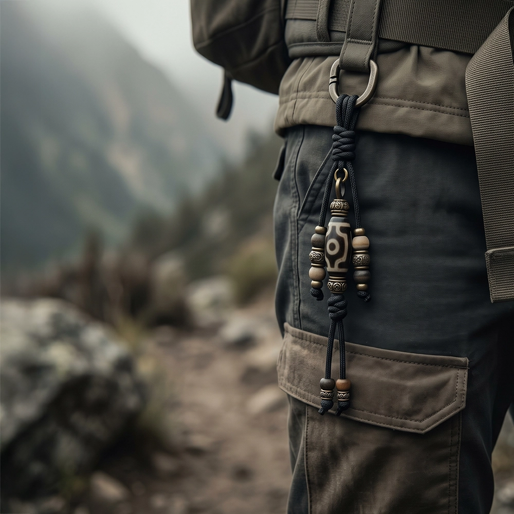 {"default":"Square mobile banner showing a Tibetan-inspired Dzi bead travel charm hanging from a hiker’s belt loop on a muted mountain trail."}
