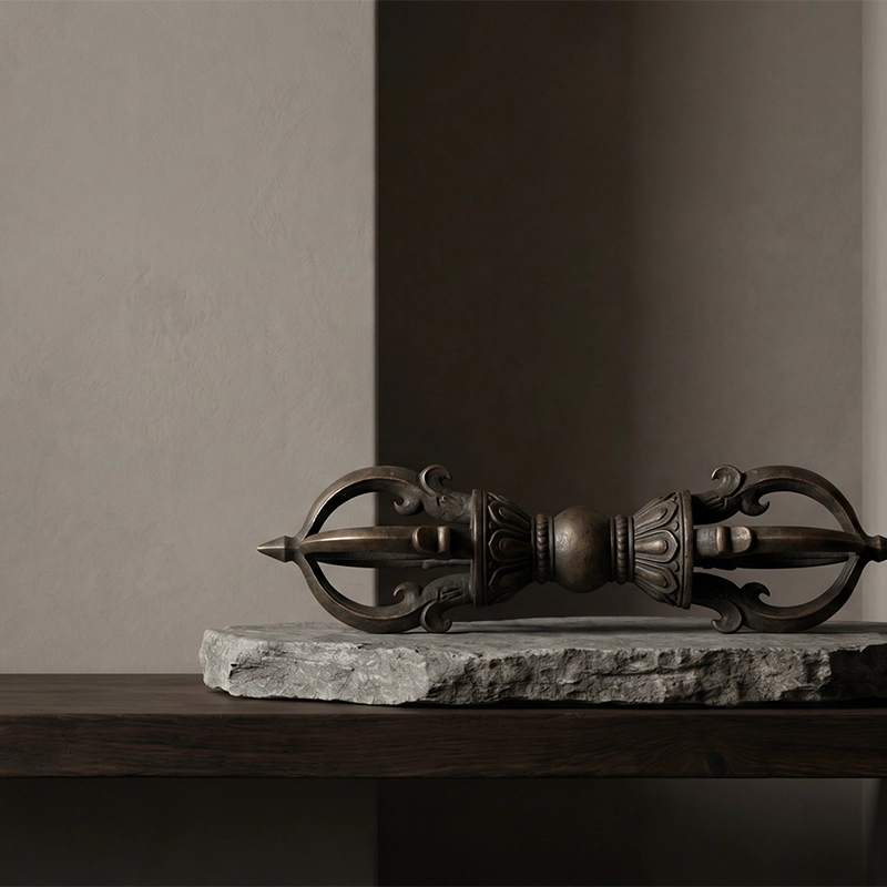 {"default":"Aged bronze Vajra Dorje altar decor displayed on a raw stone slab and dark wood shelf against a quiet wabi-sabi wall."}

