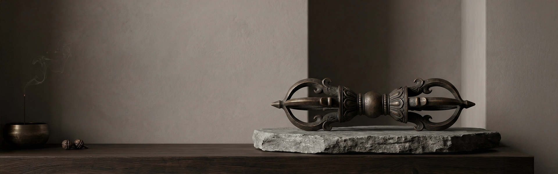 Aged bronze Vajra Dorje ritual object on a raw stone slab in a quiet Western wabi-sabi altar setting with dark wood, soft shadow, and open wall space.