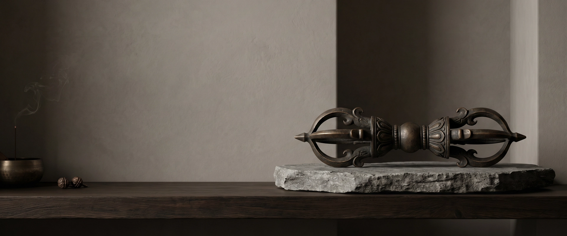 Aged bronze Vajra Dorje ritual object on a raw stone slab in a quiet Western wabi-sabi altar setting with dark wood, soft shadow, and open wall space.