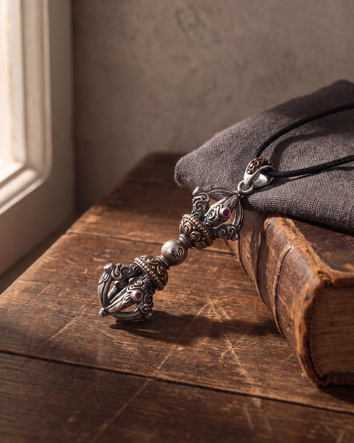 Vajra pendant on a black braided cord resting across an old book and linen in warm window light.