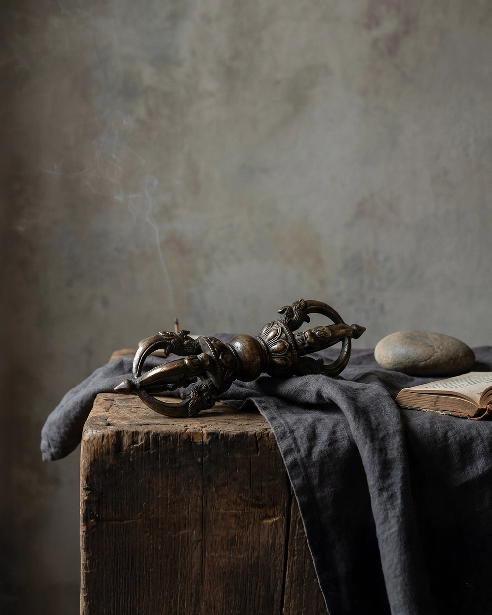 Aged bronze Vajra ritual object on dark wood with charcoal linen, an open book, stone, and soft incense smoke

