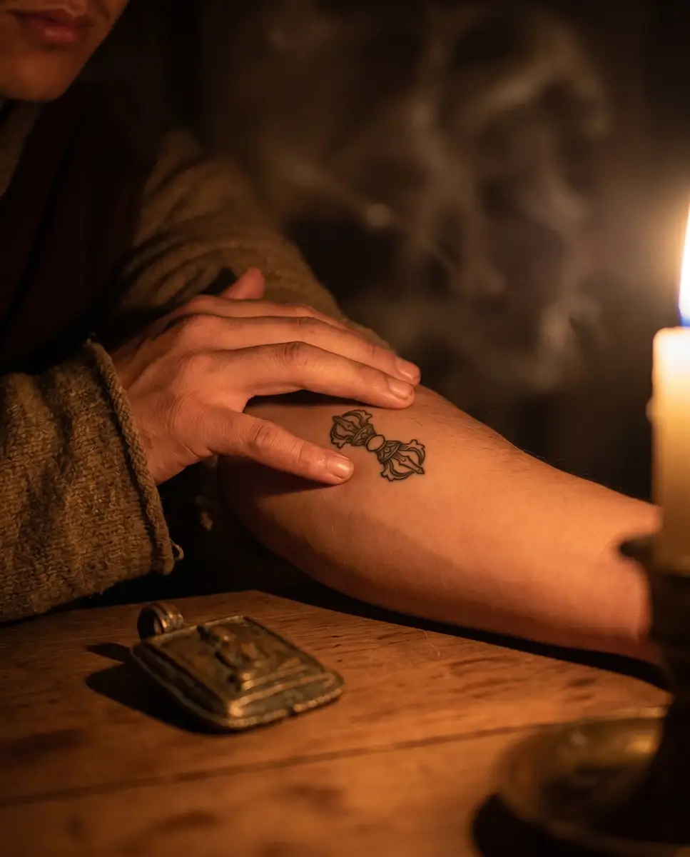 A close view of a Tibetan dorje tattoo on a forearm illuminated by candlelight, revealing the profound vajra tattoo meaning and tattoos about wisdom.