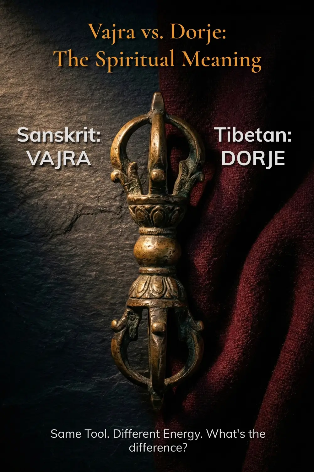 Split screen comparison of a bronze Tibetan Vajra and Dorje. Left: Dark stone texture representing Sanskrit 'Vajra' (Thunderbolt). Right: Red monk's robe representing Tibetan 'Dorje' (Diamond). A spiritual tool for protection and grounding energy.