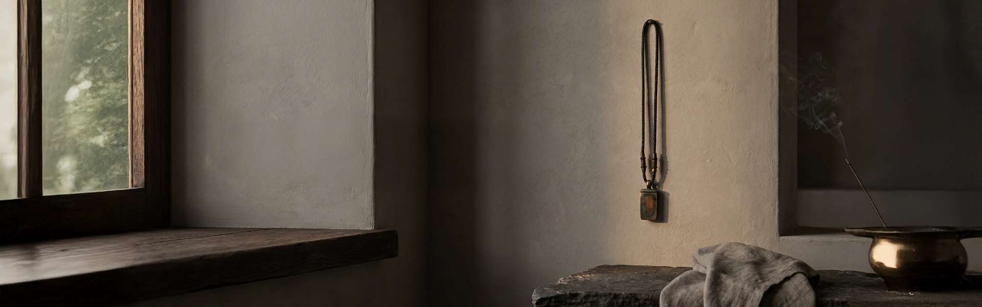 Tibetan-inspired symbolic wall hanging pendant on a warm gray plaster wall with dark wood, raw stone, linen, and soft smoke in a quiet wabi-sabi interior.