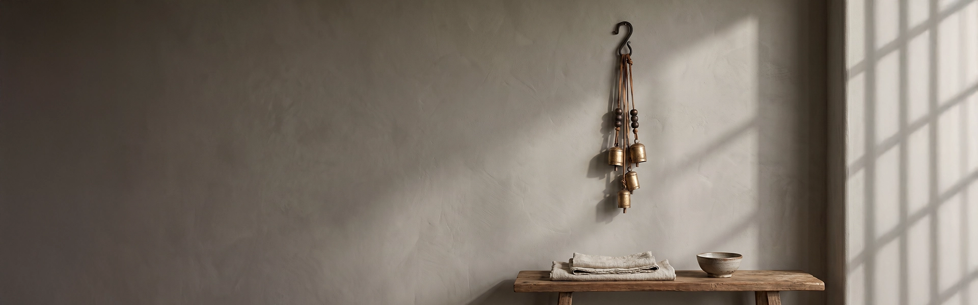 Wall hanging decor with brass bell charms on a warm plaster wall above a wooden bench, folded linen, ceramic bowl, and soft window light.