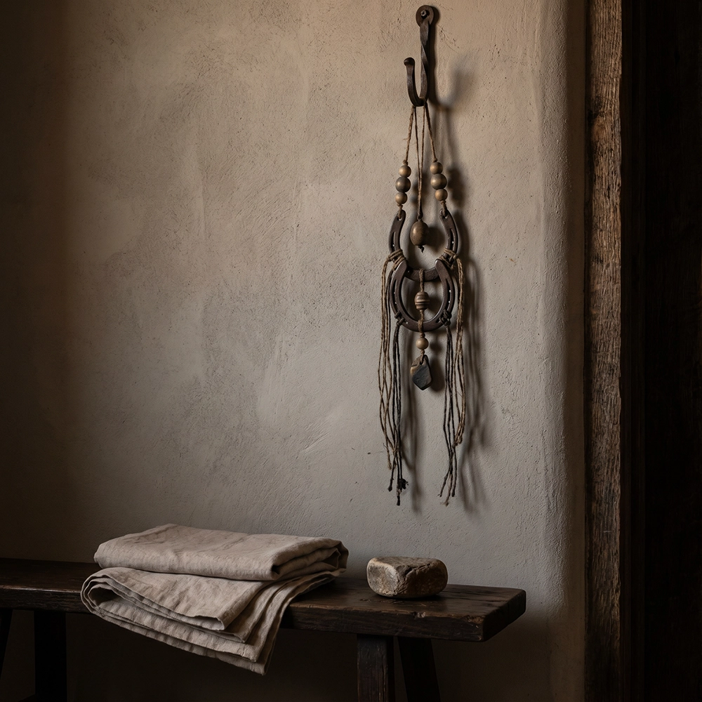 {"default":"Square mobile banner showing a symbolic wall hanging with muted beads, dark cord, aged metal hook, folded linen, raw stone, and quiet wabi-sabi wall styling."}
