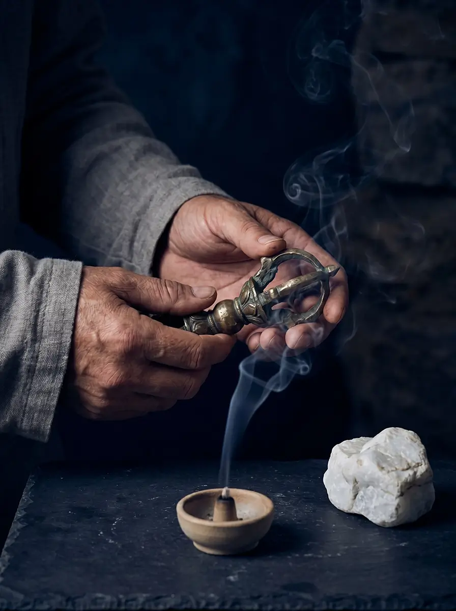 Weathered hands purifying a brass dorje in incense smoke over slate, reflecting deeply on what the dorje symbol means for spiritual protection.