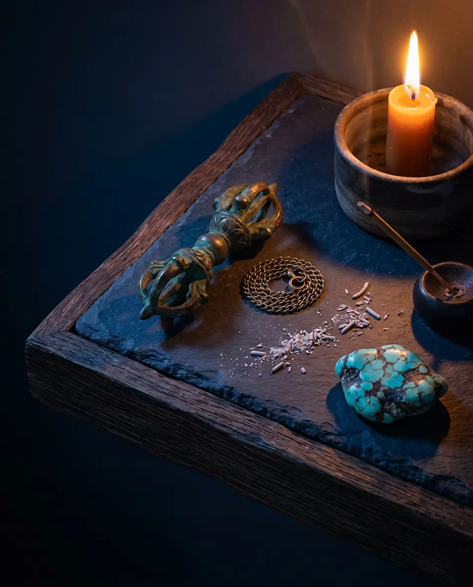 An antique bronze dorje resting on dark slate next to a turquoise stone and lit candle, illustrating what the dorje symbolizes in protective jewelry.