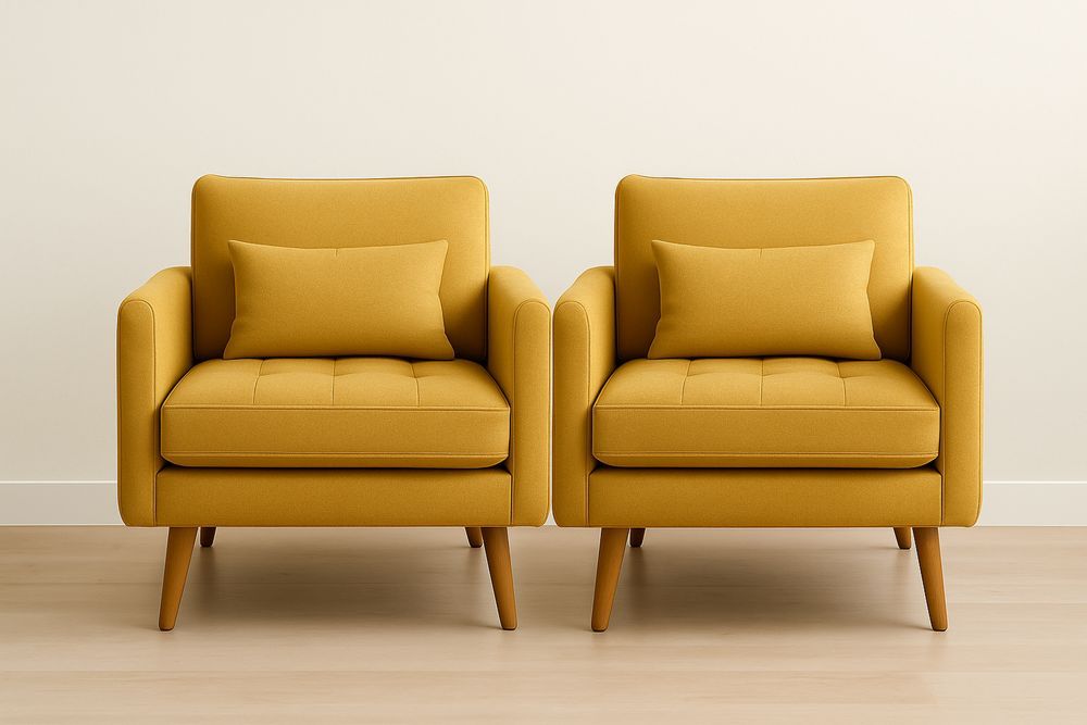 Két darabos kárpitozott fotel szett sárga poliészterrel és fa lábakkal